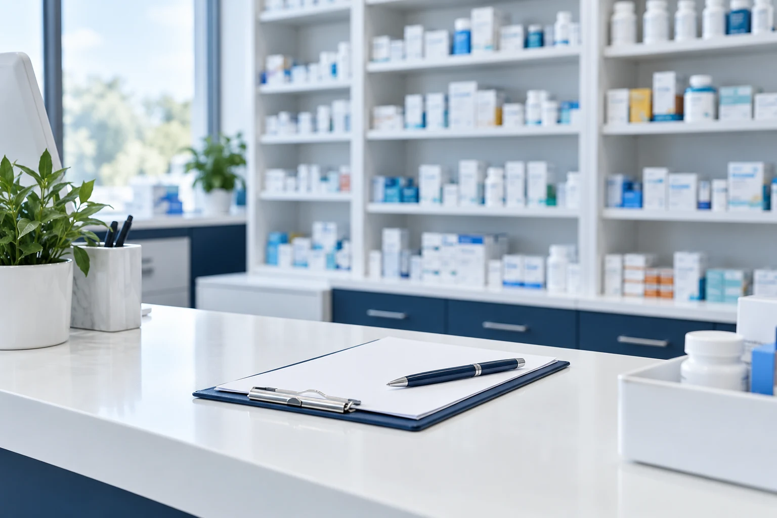 Organized pharmacy workspace with a clipboard on the counter